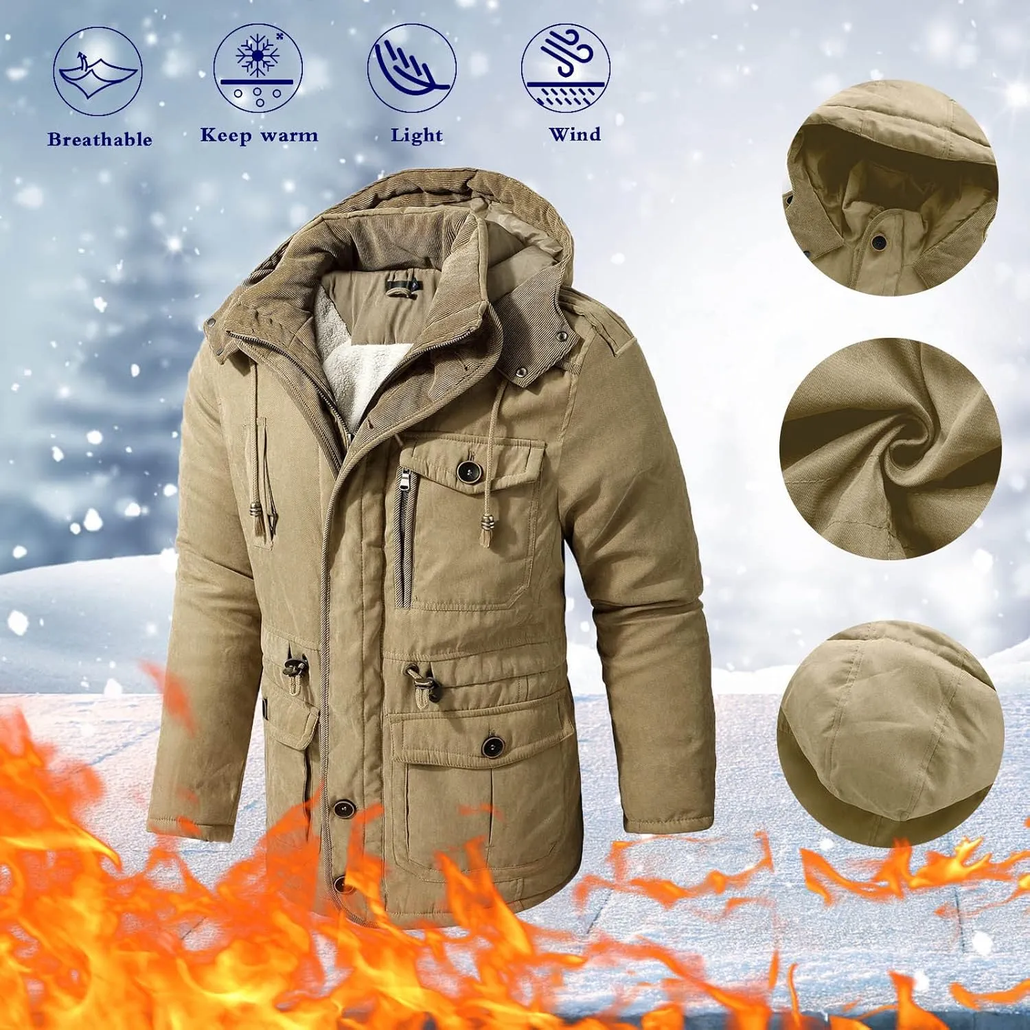 Men's Cargo Jacket 2023 Winter Warm Coats Fleece Lined Jackets with Removable Hood Ski Snow Mountain Windproof Overcoat