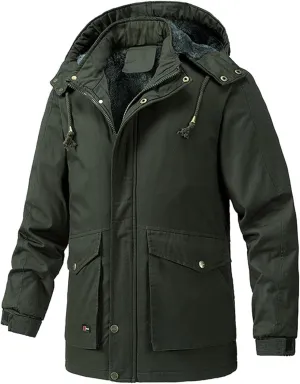 Men's Cargo Jacket 2023 Winter Warm Coats Fleece Lined Jackets with Removable Hood Ski Snow Mountain Windproof Overcoat