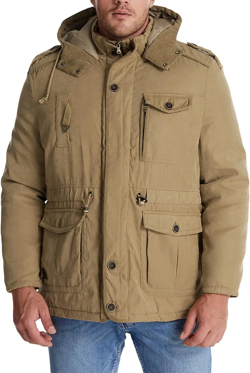 Men's Cargo Jacket 2023 Winter Warm Coats Fleece Lined Jackets with Removable Hood Ski Snow Mountain Windproof Overcoat