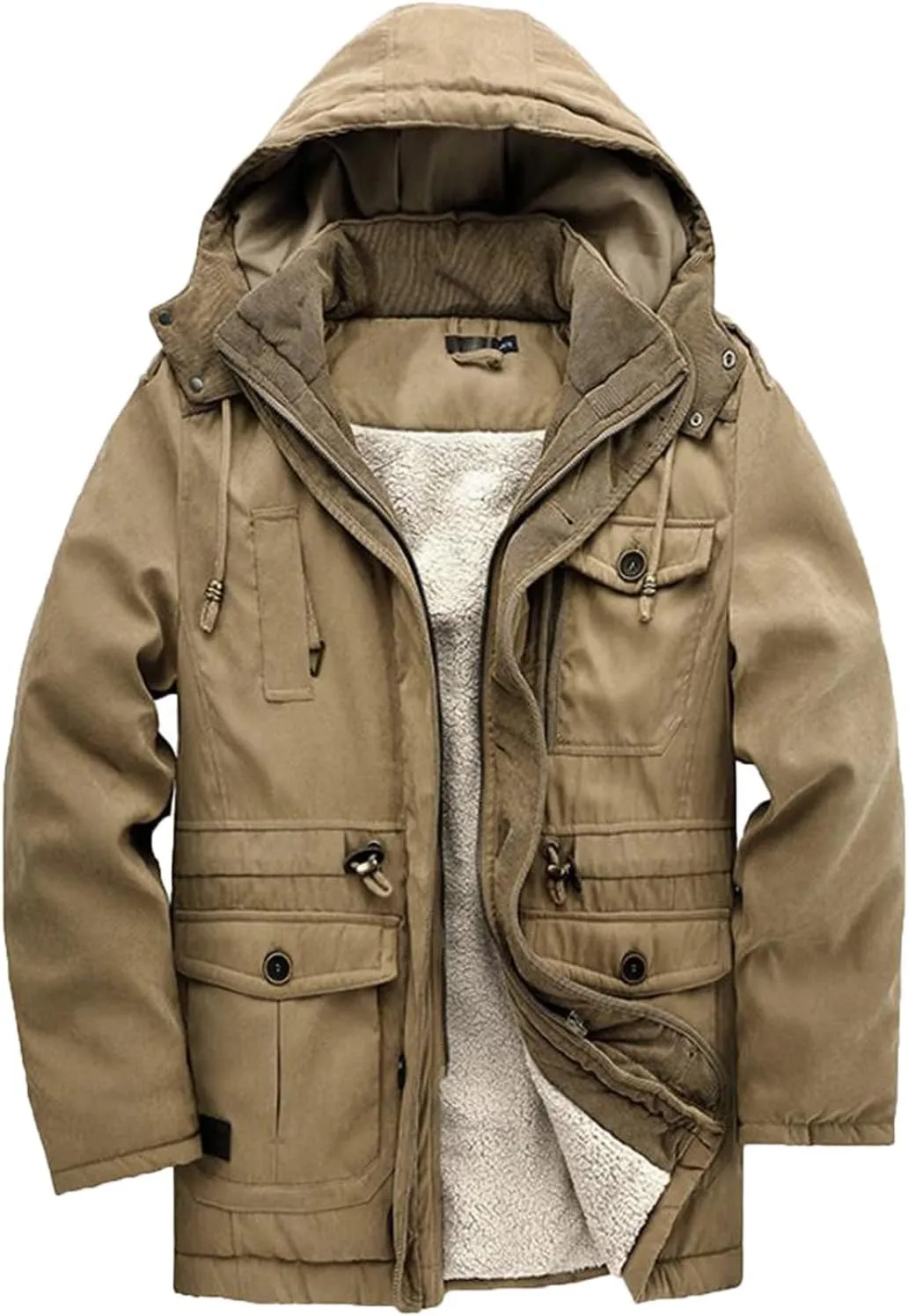 Men's Cargo Jacket 2023 Winter Warm Coats Fleece Lined Jackets with Removable Hood Ski Snow Mountain Windproof Overcoat