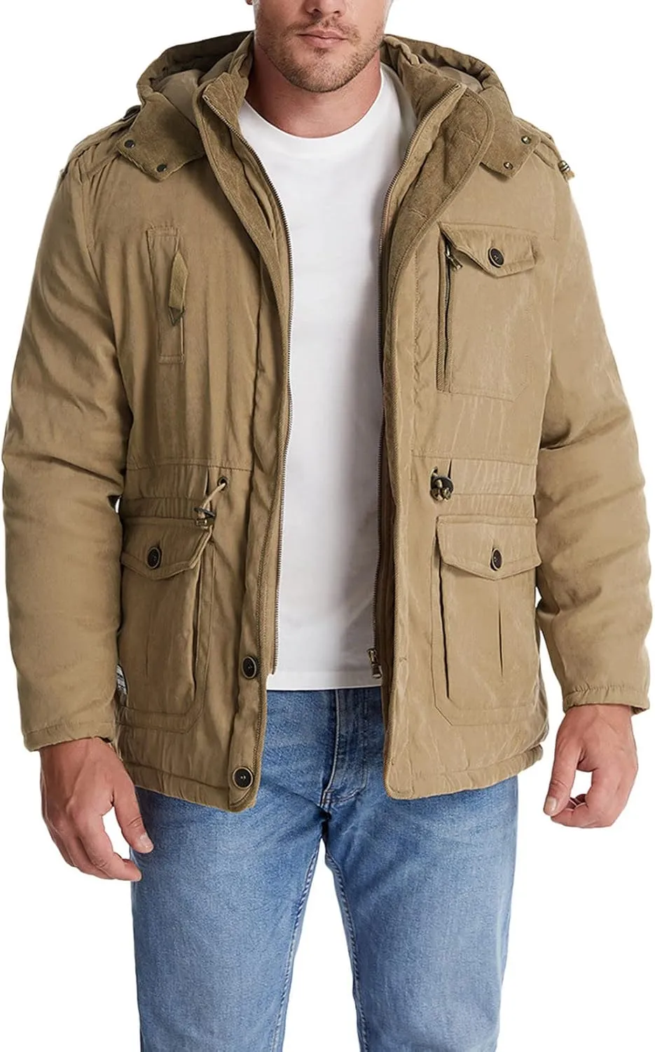 Men's Cargo Jacket 2023 Winter Warm Coats Fleece Lined Jackets with Removable Hood Ski Snow Mountain Windproof Overcoat