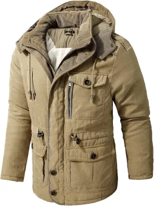 Men's Cargo Jacket 2023 Winter Warm Coats Fleece Lined Jackets with Removable Hood Ski Snow Mountain Windproof Overcoat
