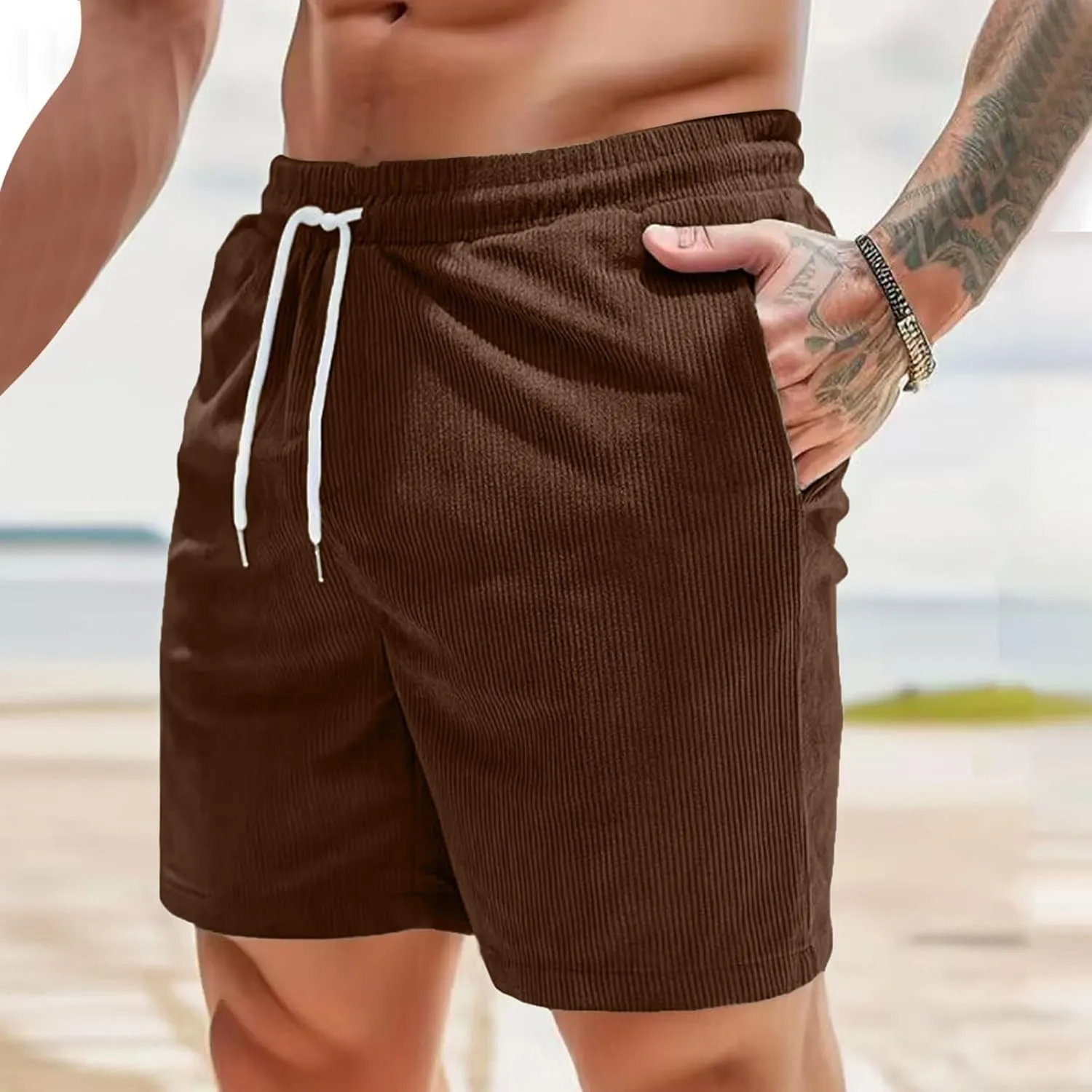 Men's Corduroy Shorts Loose Casual Elastic High Waist Drawstring Lightweight Comfy Summer Beach Shorts with Pockets