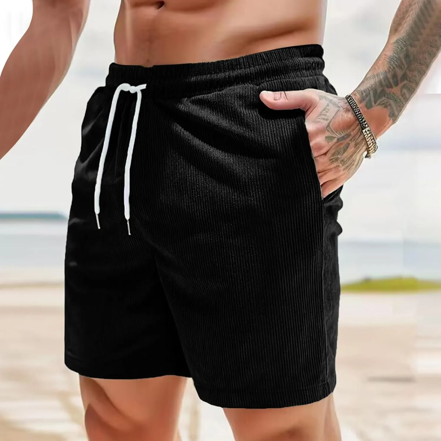 Men's Corduroy Shorts Loose Casual Elastic High Waist Drawstring Lightweight Comfy Summer Beach Shorts with Pockets