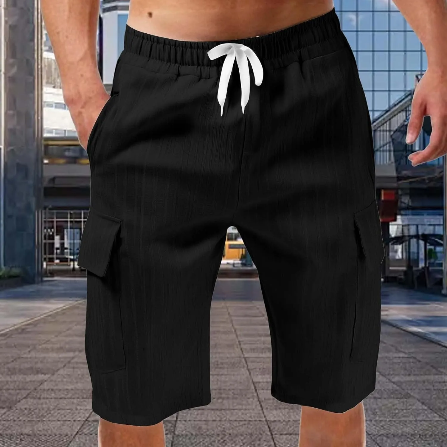Men's Cotton Linen Cargo Shorts Ribbed Elastic Drawstring Waist Bermuda Shorts Summer Casual Beach with Pockets