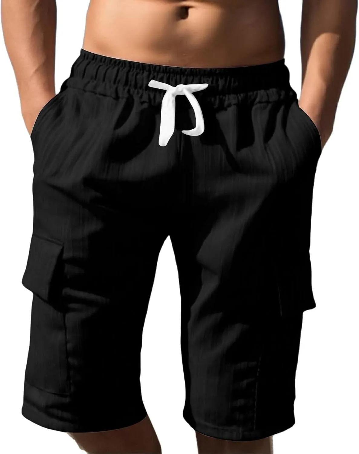 Men's Cotton Linen Cargo Shorts Ribbed Elastic Drawstring Waist Bermuda Shorts Summer Casual Beach with Pockets
