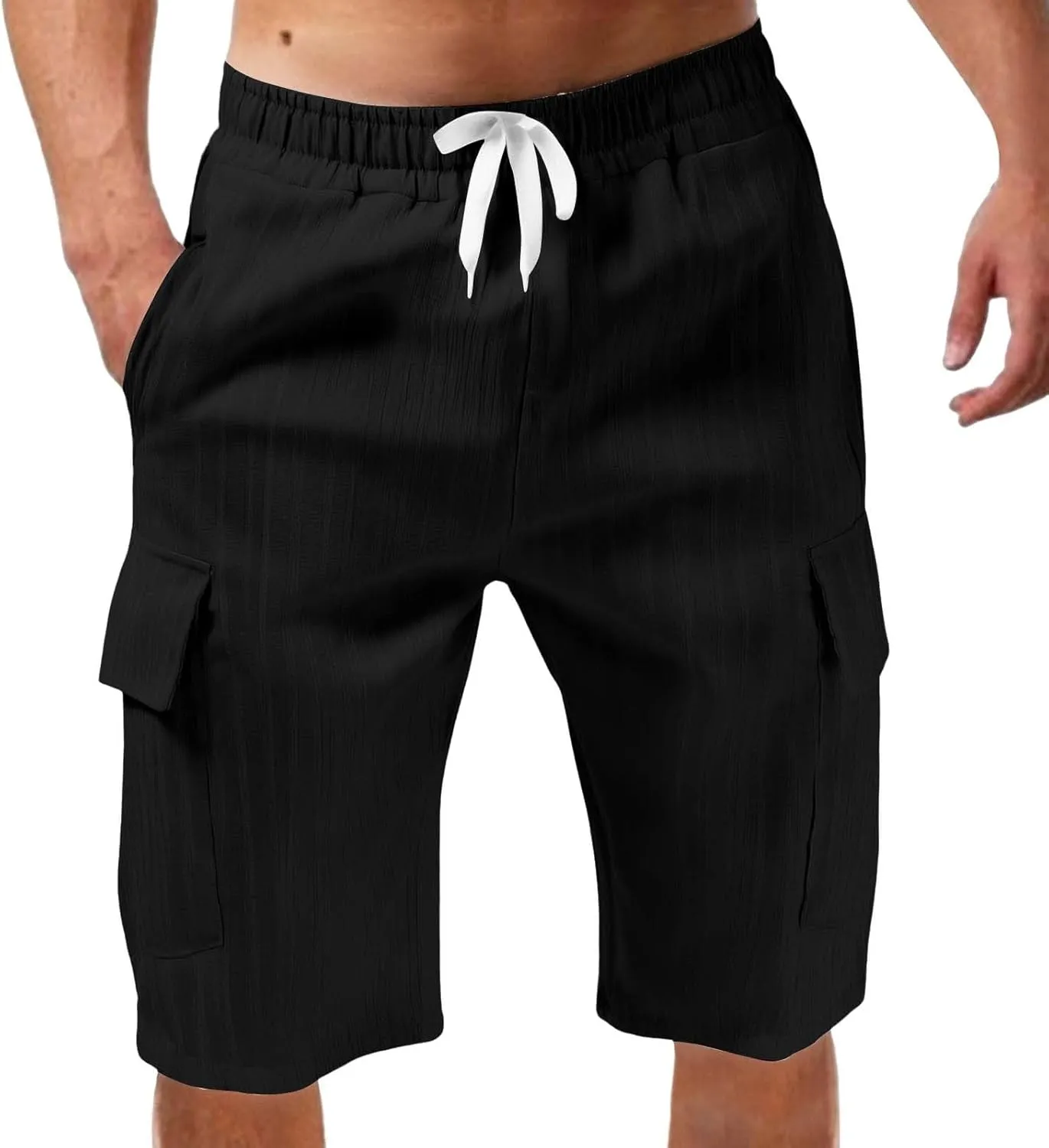 Men's Cotton Linen Cargo Shorts Ribbed Elastic Drawstring Waist Bermuda Shorts Summer Casual Beach with Pockets