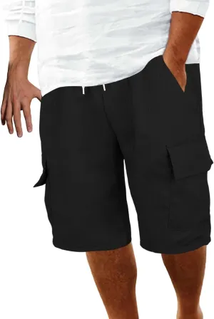 Men's Cotton Linen Cargo Shorts Ribbed Elastic Drawstring Waist Bermuda Shorts Summer Casual Beach with Pockets