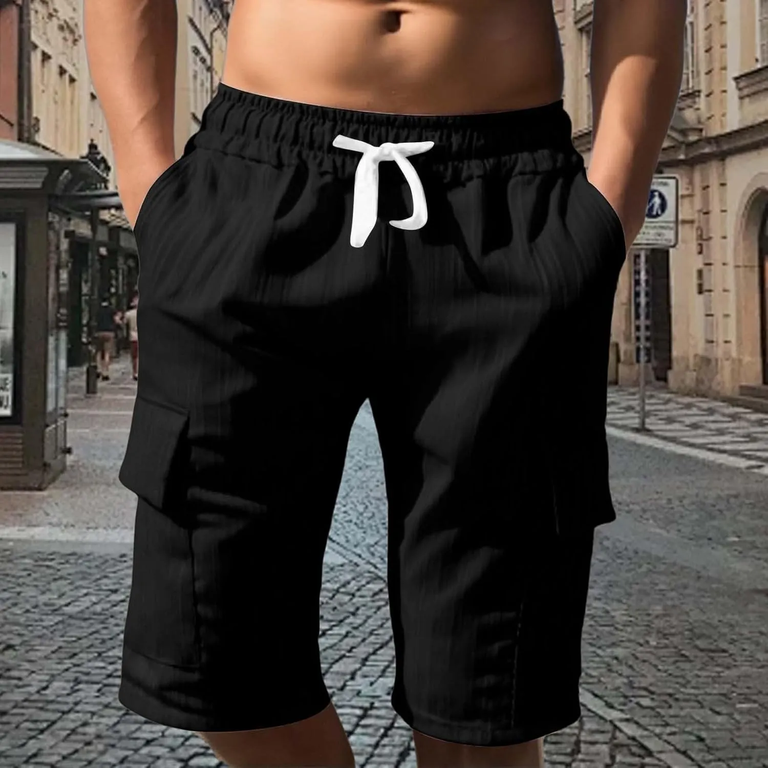 Men's Cotton Linen Cargo Shorts Ribbed Elastic Drawstring Waist Bermuda Shorts Summer Casual Beach with Pockets