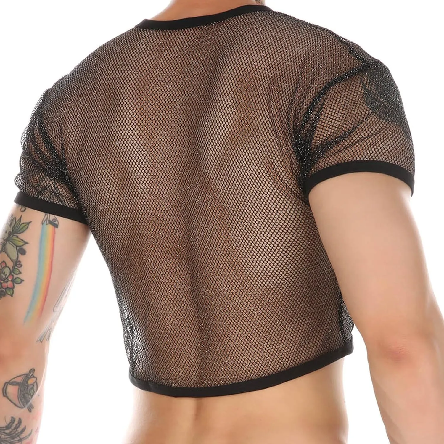 Mens Fishnet Shirts See Through Faux Leather Sexy Crop Tops Short Sleeve Mesh T Shirts