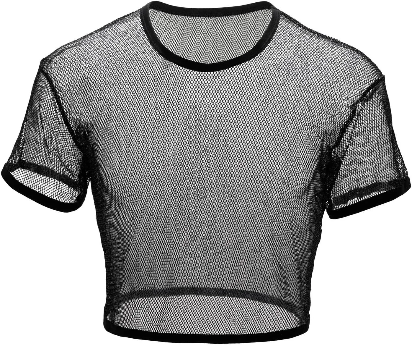 Mens Fishnet Shirts See Through Faux Leather Sexy Crop Tops Short Sleeve Mesh T Shirts