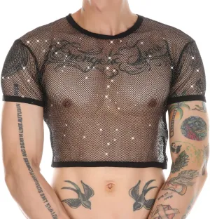 Mens Fishnet Shirts See Through Faux Leather Sexy Crop Tops Short Sleeve Mesh T Shirts