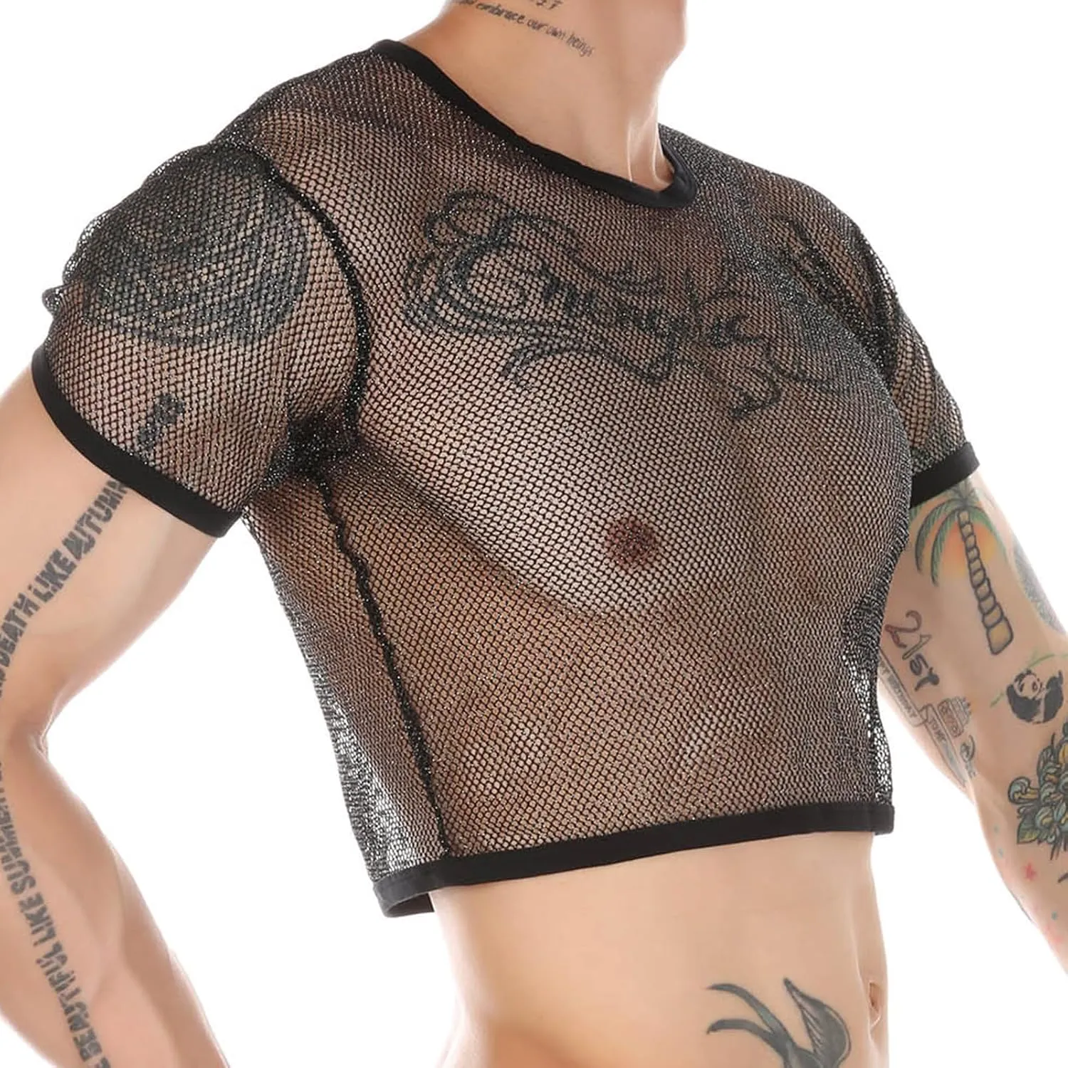 Mens Fishnet Shirts See Through Faux Leather Sexy Crop Tops Short Sleeve Mesh T Shirts