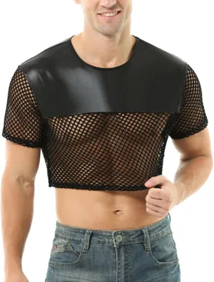 Mens Fishnet Shirts See Through Faux Leather Sexy Crop Tops Short Sleeve Mesh T Shirts
