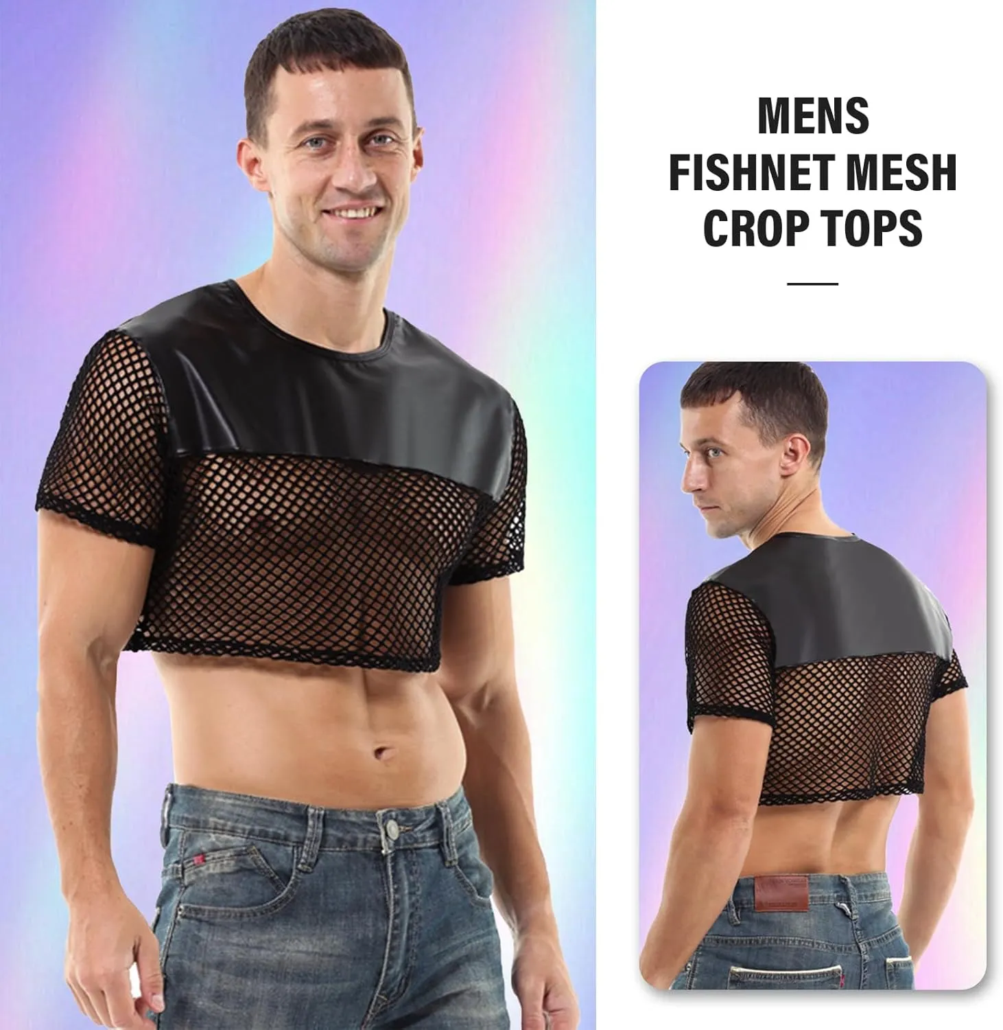 Mens Fishnet Shirts See Through Faux Leather Sexy Crop Tops Short Sleeve Mesh T Shirts