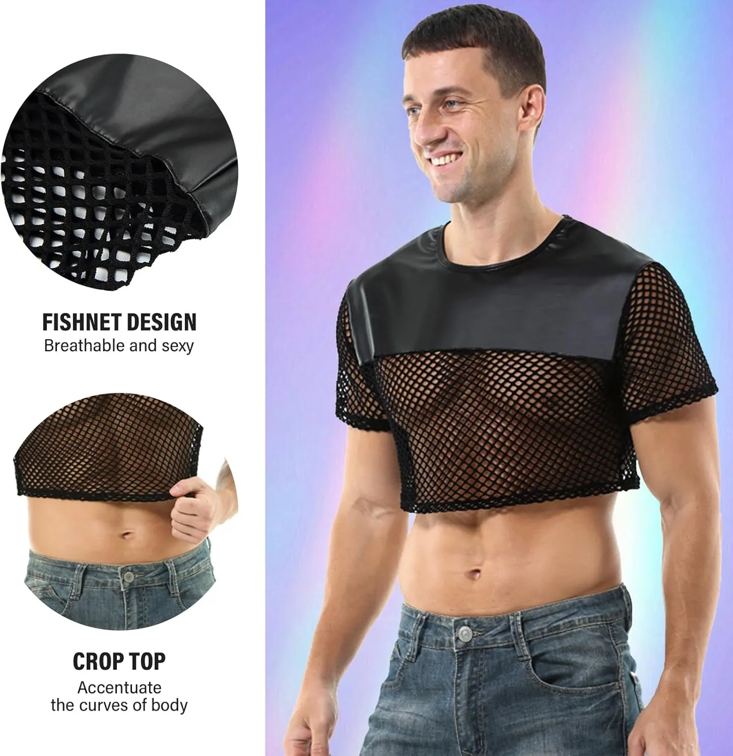 Mens Fishnet Shirts See Through Faux Leather Sexy Crop Tops Short Sleeve Mesh T Shirts