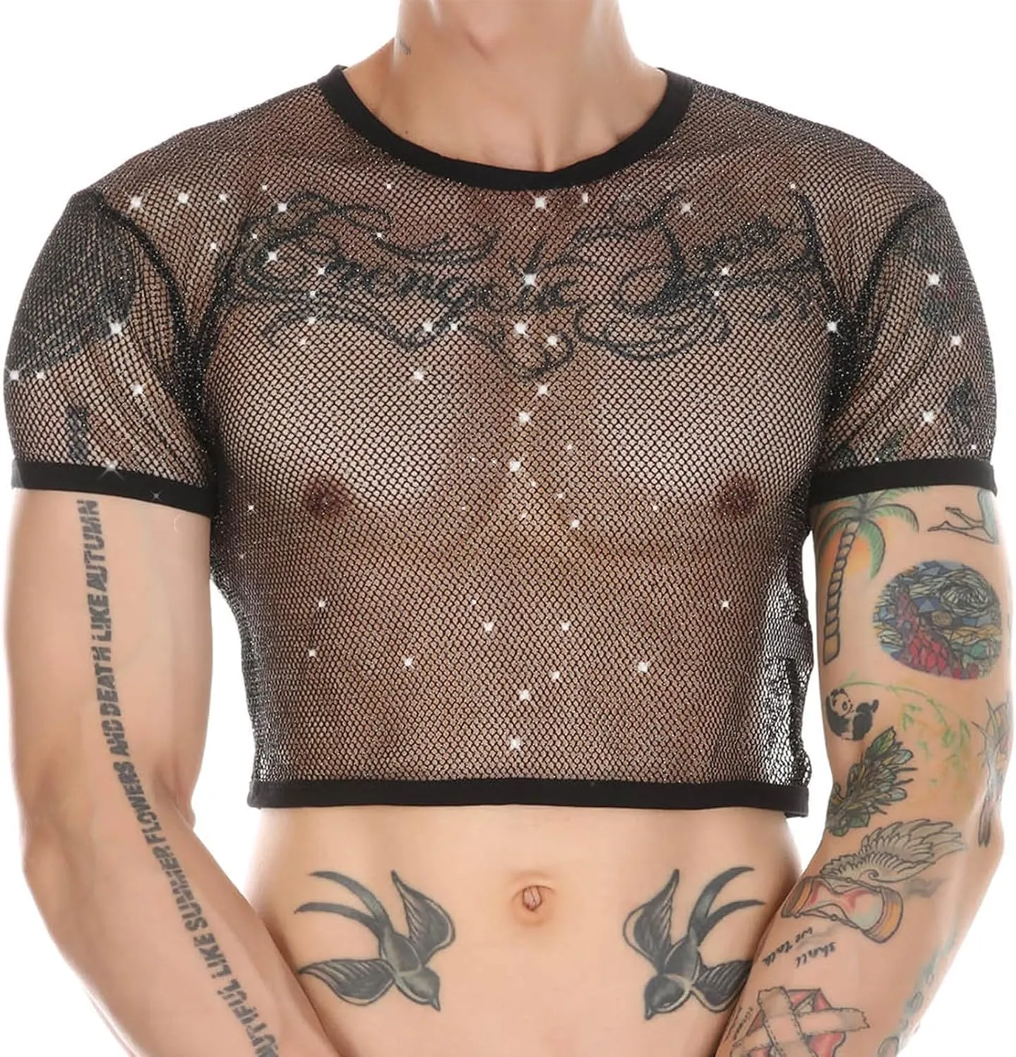 Mens Fishnet Shirts See Through Faux Leather Sexy Crop Tops Short Sleeve Mesh T Shirts