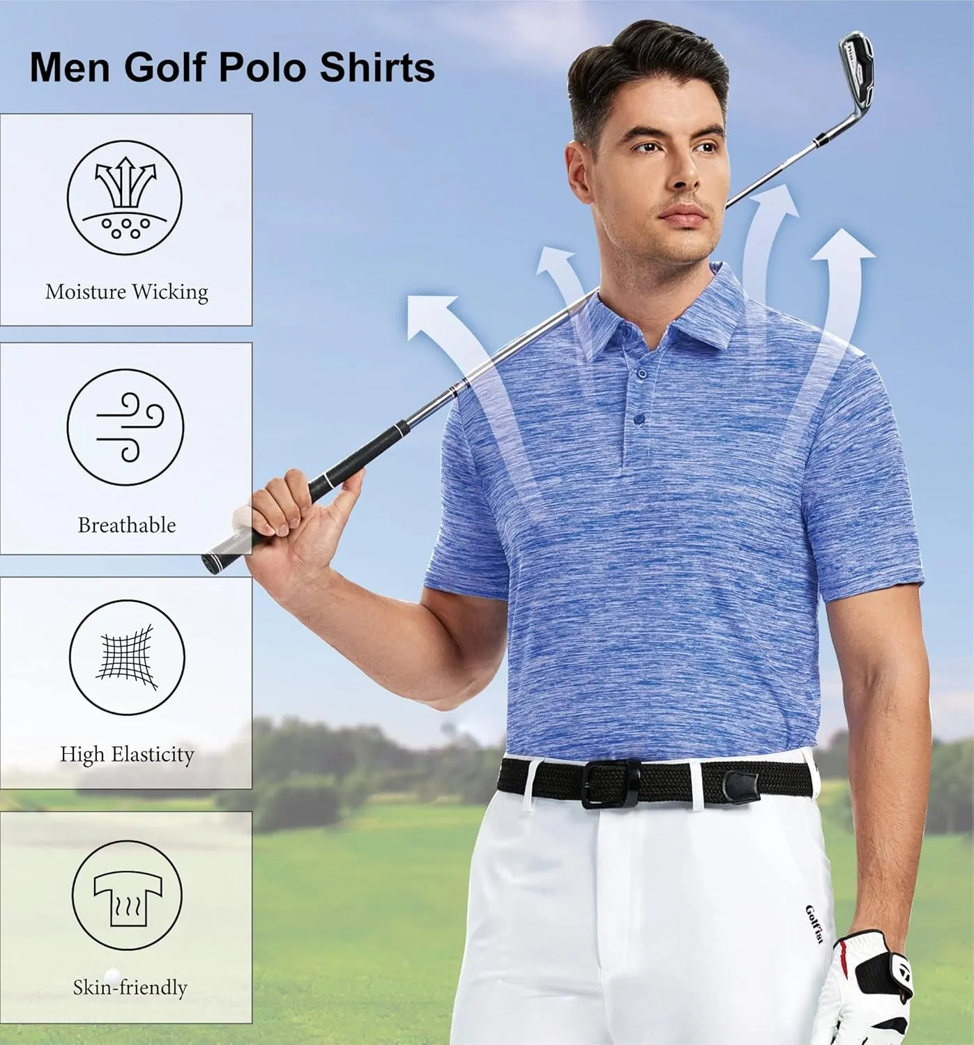 Mens Golf Polo Shirt Moisture Wicking Dry Fit Performance Athletic Short Sleeve Striped Golf Shirts for Men