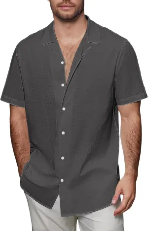 Mens Short Sleeve Button Down Shirt Casual Summer Beach Plain T-Shirts V-Neck Collared Vacation Tropical Tee Tops