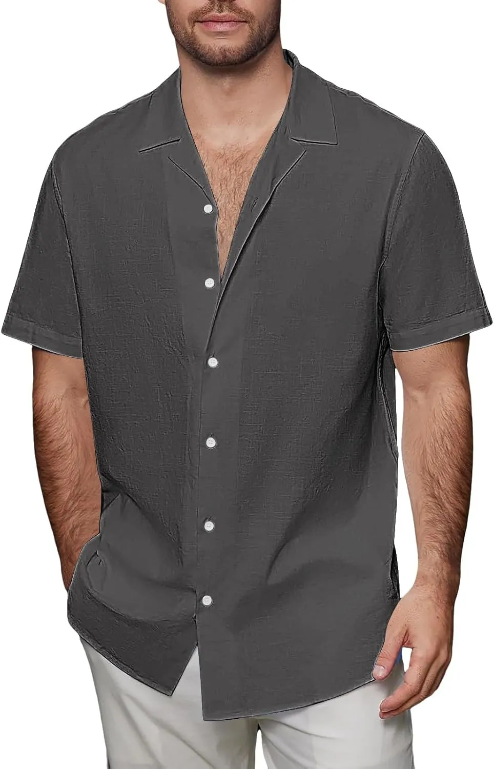 Mens Short Sleeve Button Down Shirt Casual Summer Beach Plain T-Shirts V-Neck Collared Vacation Tropical Tee Tops