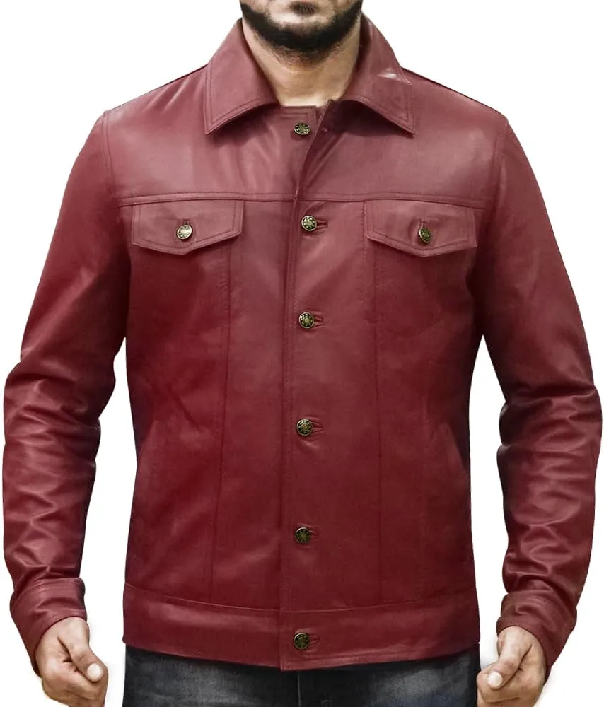 Mens Vintage Style Trucker Leather Jacket Lambskin Classic Fashion Mens Motorcycle Jackets