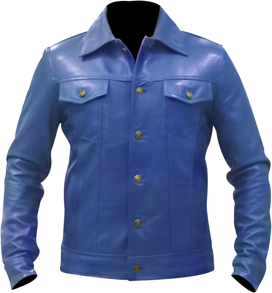 Mens Vintage Style Trucker Leather Jacket Lambskin Classic Fashion Mens Motorcycle Jackets