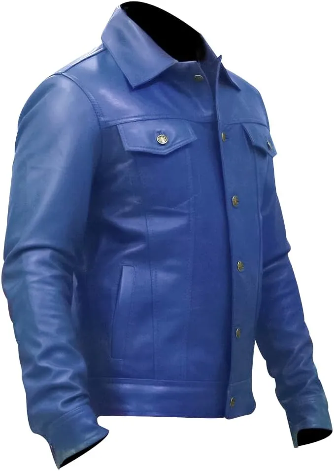 Mens Vintage Style Trucker Leather Jacket Lambskin Classic Fashion Mens Motorcycle Jackets