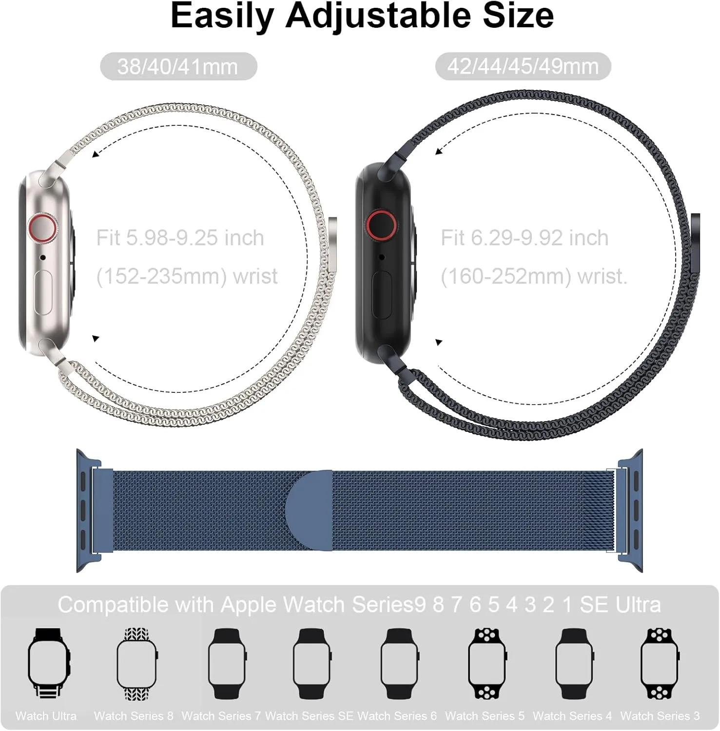 Metal Magnetic Apple Watch Band Compatible with 38mm 40mm 41mm 42mm 44mm 45mm 46mm 49mm, Stainless Steel Mesh Loop Strap iWatch Bands for Series 10/9/8/SE/7/6/5/4/3/2/1/Ultra Women Men