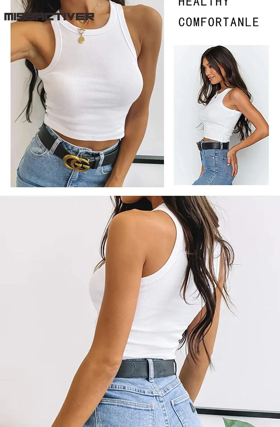 MISSACTIVER Women Basic Sleeveless Vest Crop Tank Top Casual Crew Neck Binding Crop Top