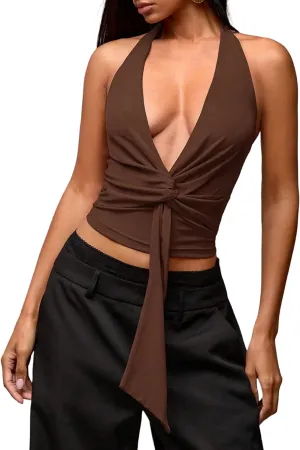 MISSACTIVER Womens Sexy Halter Top Backless Wrap Twist Crop Tops Y2K Plunge Deep V-Neck Bandage Crop Tank Top Corset Cami