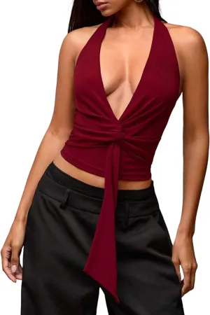 MISSACTIVER Womens Sexy Halter Top Backless Wrap Twist Crop Tops Y2K Plunge Deep V-Neck Bandage Crop Tank Top Corset Cami