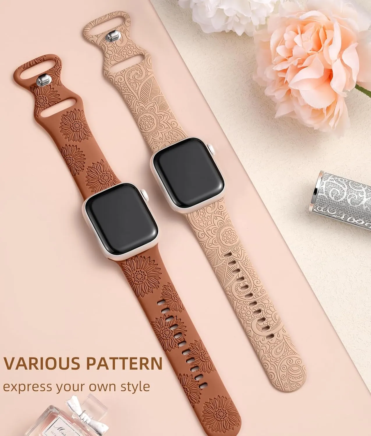 Odbeai Floral Engraved Band Compatible with Apple Watch Bands for Women 38mm 40mm 41mm 42mm 44mm 45mm 46mm 49mm,Soft Silicone Cute Pattern Sport Strap for iWatch Bands Women Series 10 9-1 SE Ultra1/2