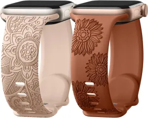 Odbeai Floral Engraved Band Compatible with Apple Watch Bands for Women 38mm 40mm 41mm 42mm 44mm 45mm 46mm 49mm,Soft Silicone Cute Pattern Sport Strap for iWatch Bands Women Series 10 9-1 SE Ultra1/2