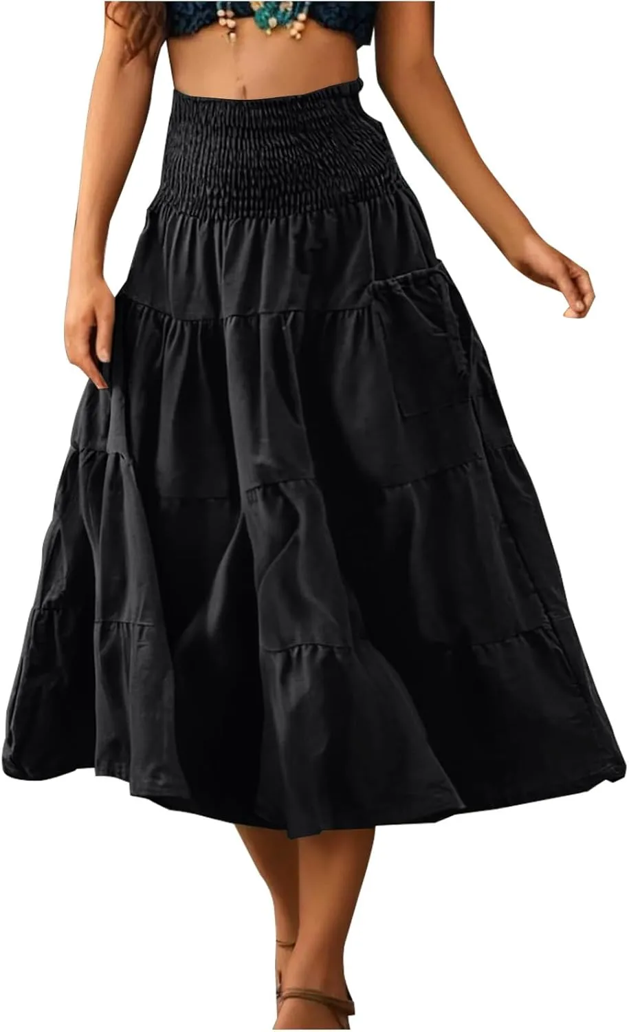 Oplxuo Women's Summer Boho Maxi Skirt A-Line Flowy Ruffle Tiered Smocked Elastic High Waist Beach Long Skirts with Pockets