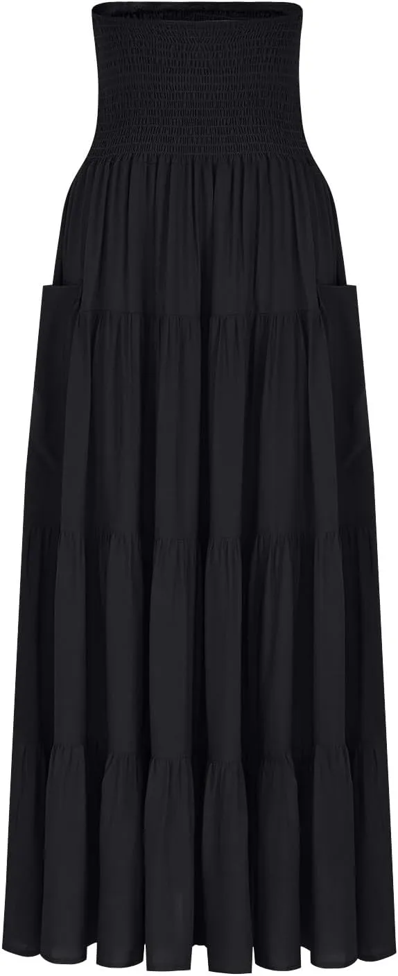 Oplxuo Women's Summer Boho Maxi Skirt A-Line Flowy Ruffle Tiered Smocked Elastic High Waist Beach Long Skirts with Pockets