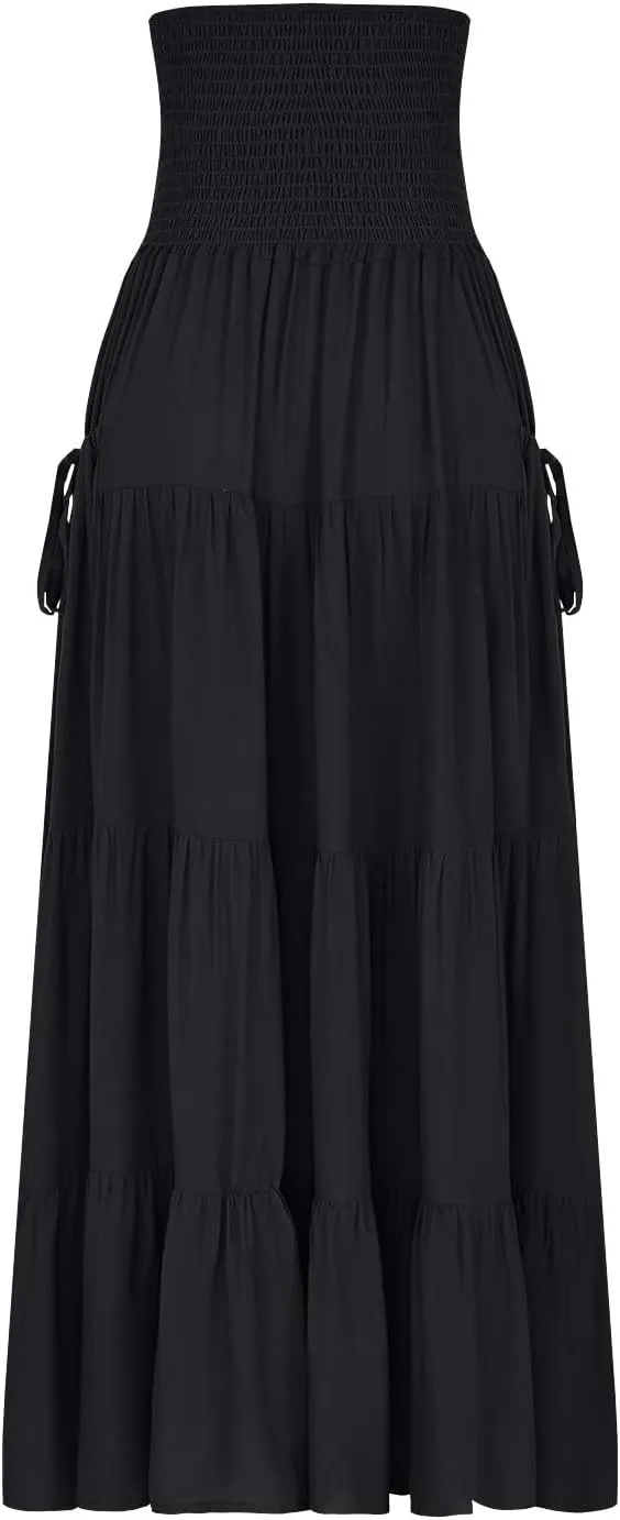 Oplxuo Women's Summer Boho Maxi Skirt A-Line Flowy Ruffle Tiered Smocked Elastic High Waist Beach Long Skirts with Pockets