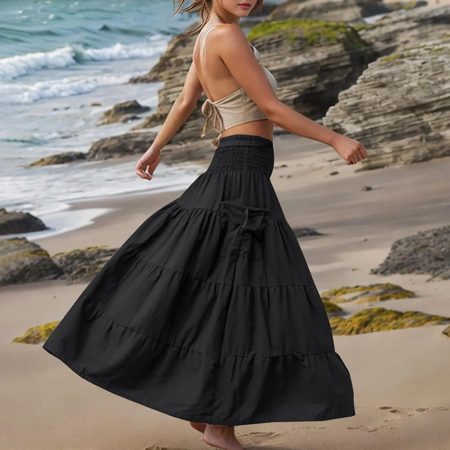 Oplxuo Women's Summer Boho Maxi Skirt A-Line Flowy Ruffle Tiered Smocked Elastic High Waist Beach Long Skirts with Pockets