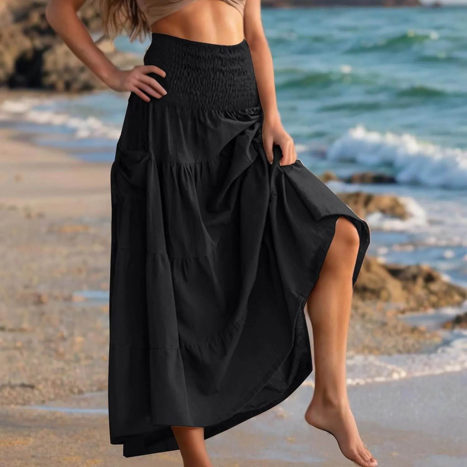 Oplxuo Women's Summer Boho Maxi Skirt A-Line Flowy Ruffle Tiered Smocked Elastic High Waist Beach Long Skirts with Pockets