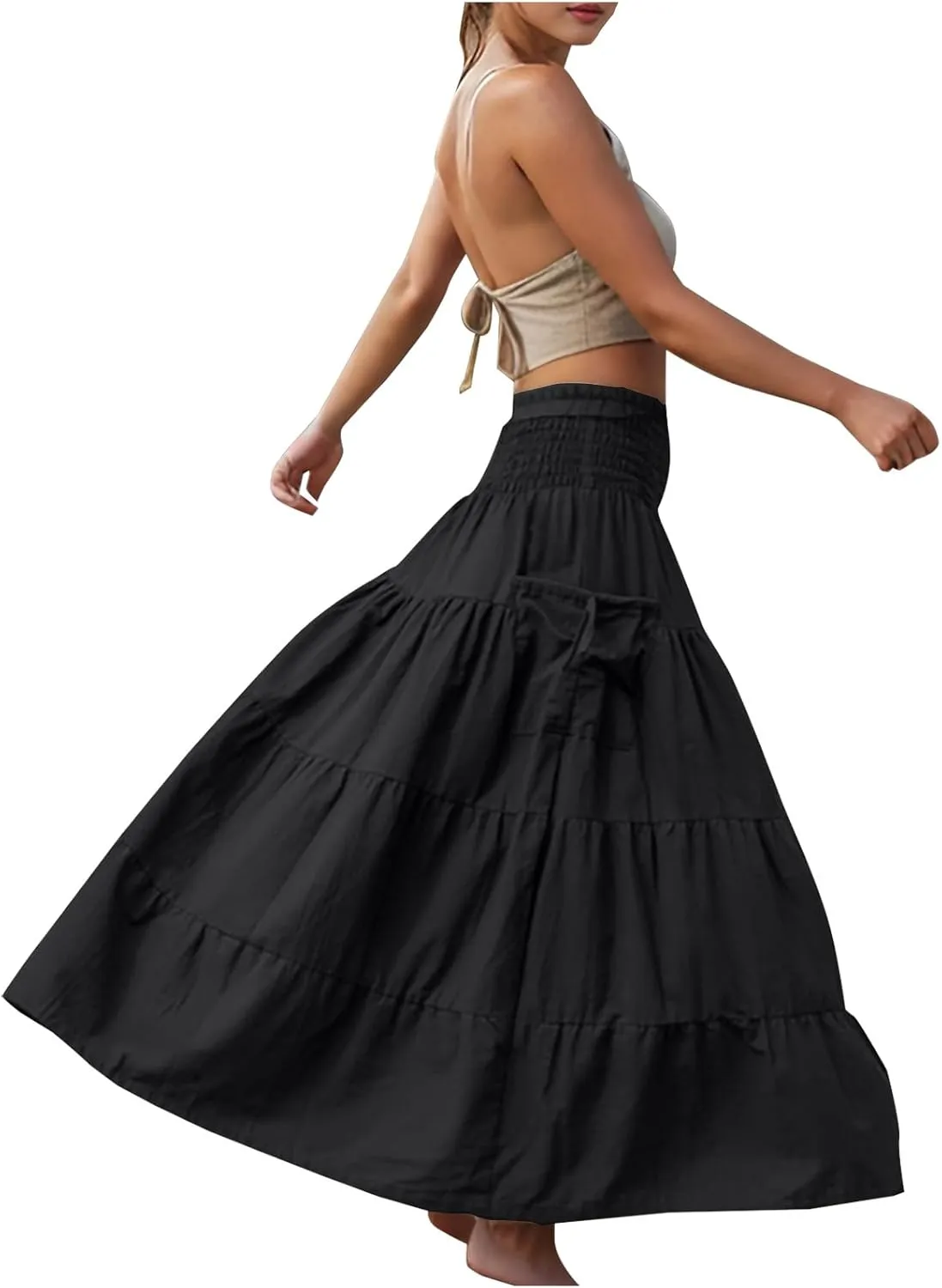 Oplxuo Women's Summer Boho Maxi Skirt A-Line Flowy Ruffle Tiered Smocked Elastic High Waist Beach Long Skirts with Pockets