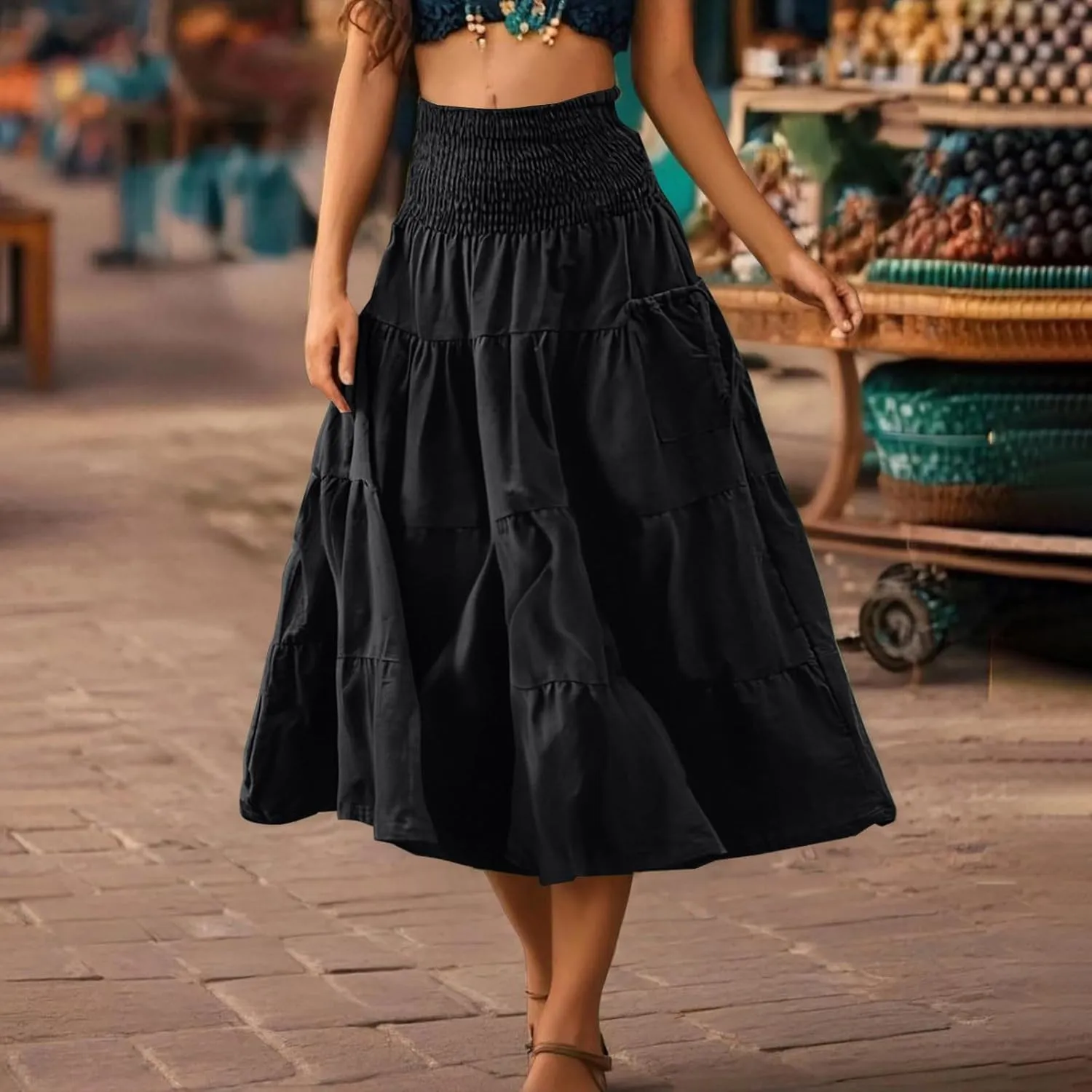 Oplxuo Women's Summer Boho Maxi Skirt A-Line Flowy Ruffle Tiered Smocked Elastic High Waist Beach Long Skirts with Pockets