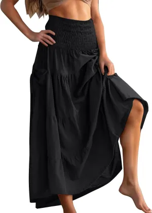 Oplxuo Women's Summer Boho Maxi Skirt A-Line Flowy Ruffle Tiered Smocked Elastic High Waist Beach Long Skirts with Pockets