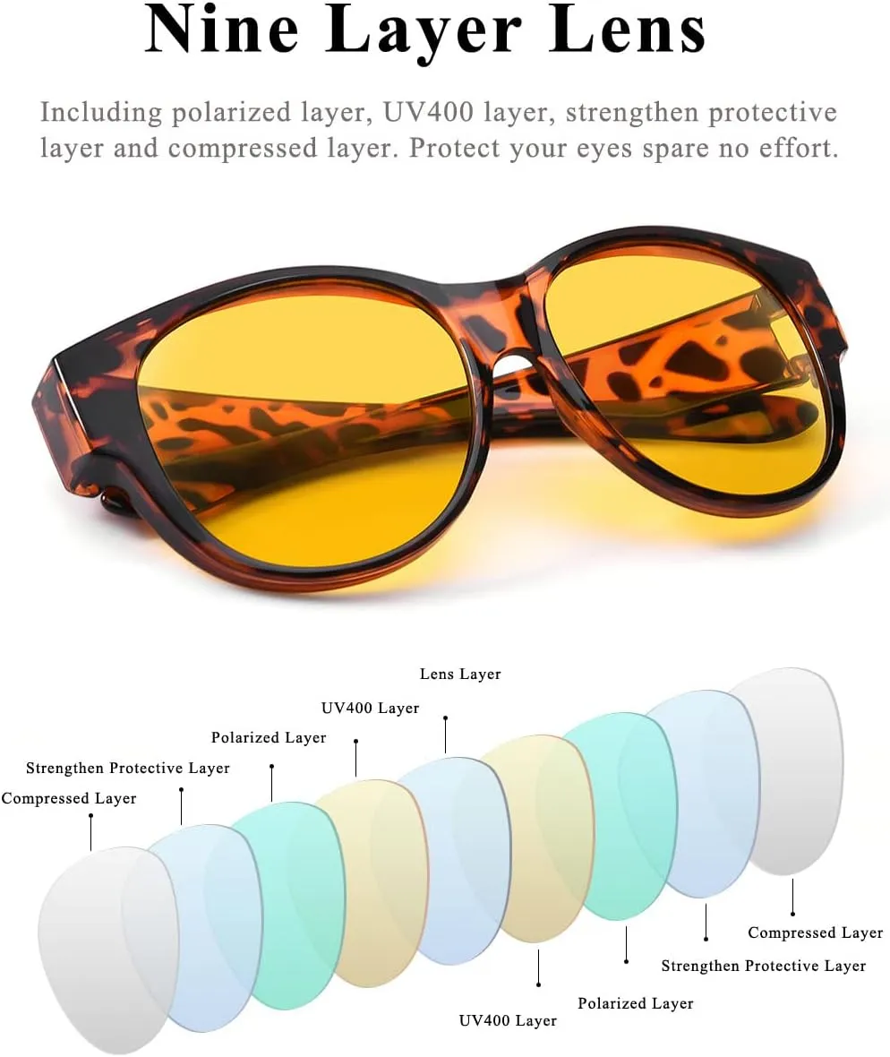 Polarized Sunglasses Fit Over Glasses Over Glasses Trendy Round Cat Eye and HD Wrap-around Sunglasses