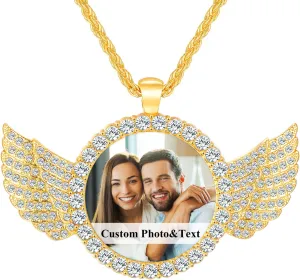 Premium Custom Necklaces with Pictures - Photo Necklace Picture Pendant Personalized Custom Memory Necklaces Angel Wings Round Chain Gifts for Men Women