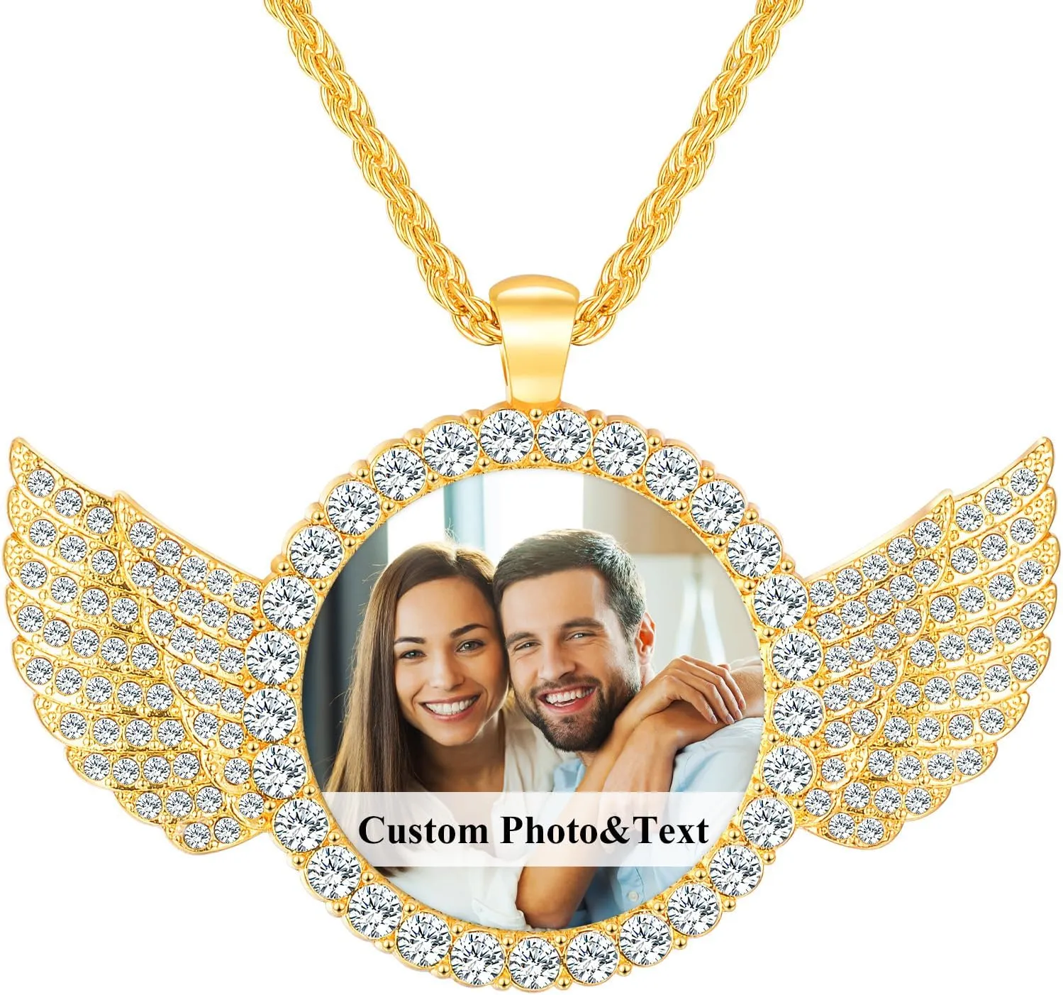Premium Custom Necklaces with Pictures - Photo Necklace Picture Pendant Personalized Custom Memory Necklaces Angel Wings Round Chain Gifts for Men Women