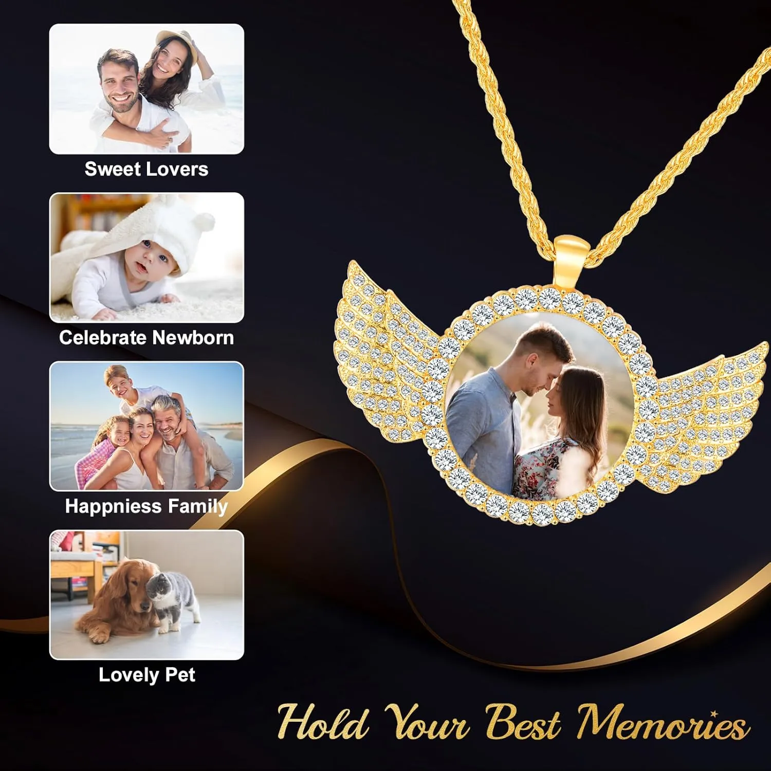 Premium Custom Necklaces with Pictures - Photo Necklace Picture Pendant Personalized Custom Memory Necklaces Angel Wings Round Chain Gifts for Men Women