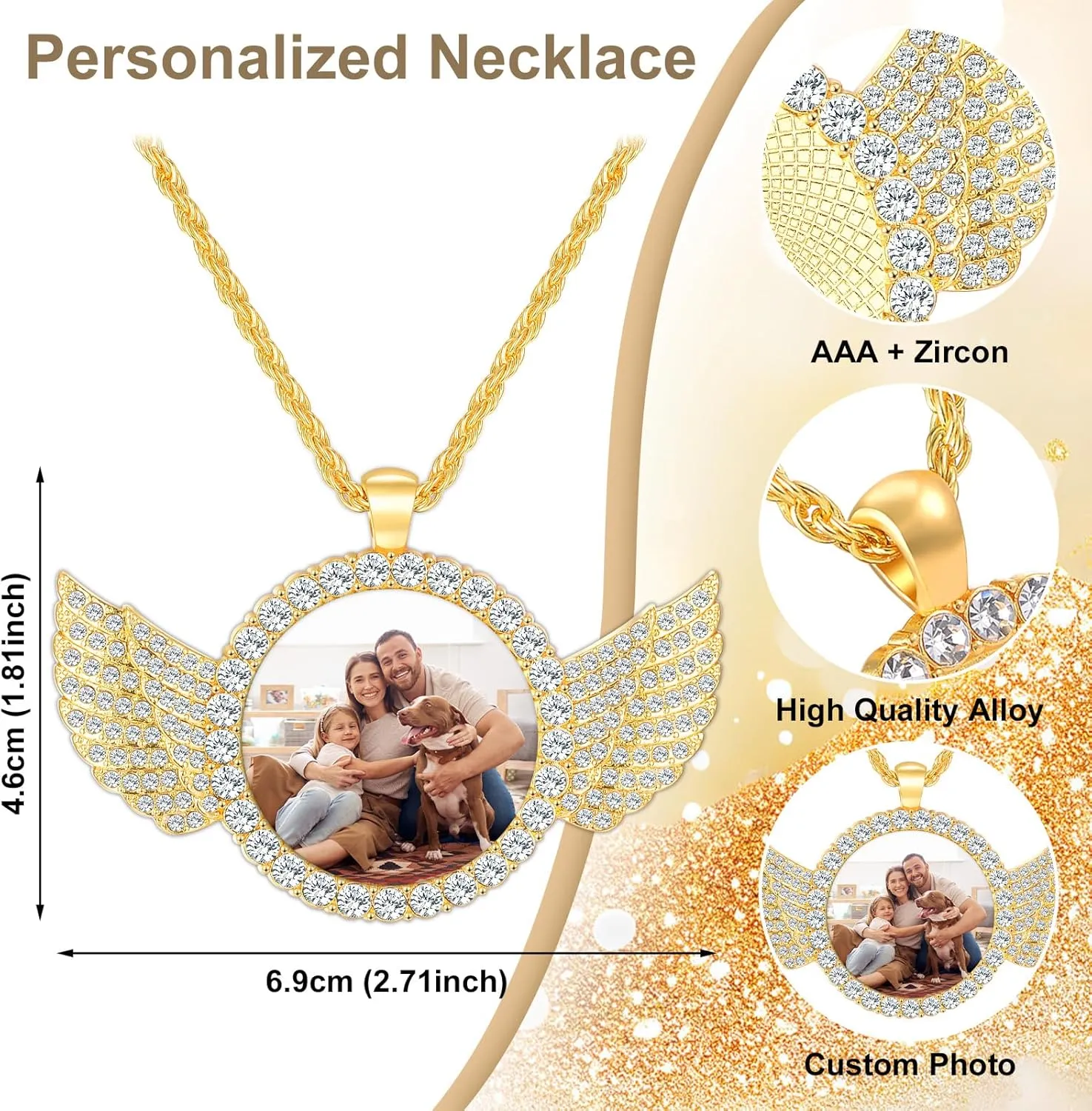 Premium Custom Necklaces with Pictures - Photo Necklace Picture Pendant Personalized Custom Memory Necklaces Angel Wings Round Chain Gifts for Men Women