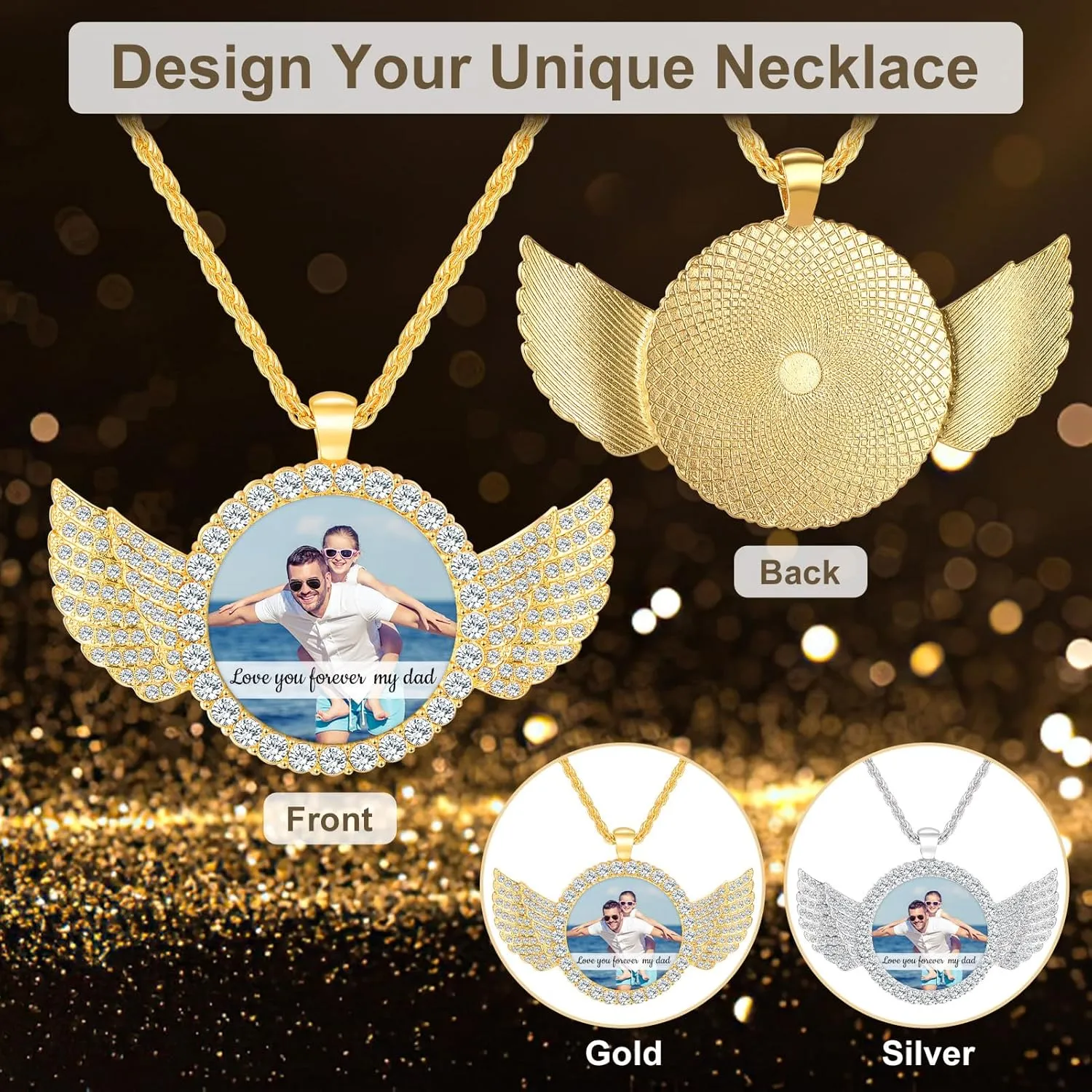 Premium Custom Necklaces with Pictures - Photo Necklace Picture Pendant Personalized Custom Memory Necklaces Angel Wings Round Chain Gifts for Men Women