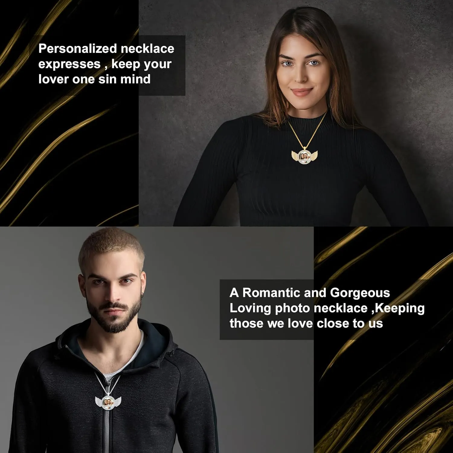 Premium Custom Necklaces with Pictures - Photo Necklace Picture Pendant Personalized Custom Memory Necklaces Angel Wings Round Chain Gifts for Men Women