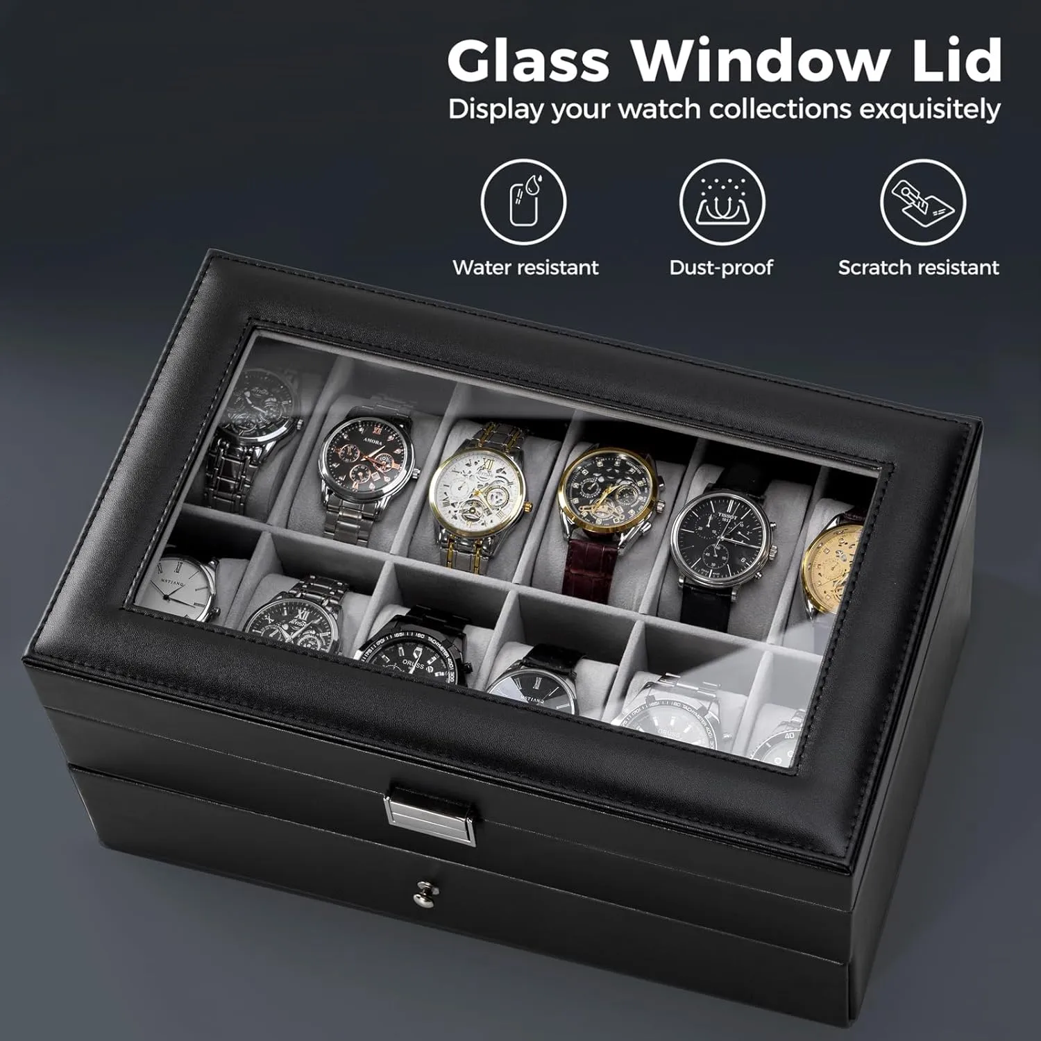 ProCase Watch Box for Men, 12 Slot Mens Watch Case With Drawer, Watch Display Case With Glass Lid, 2-Layer Watch Holder Organizer, Jewelry and Watch Storage for Men Women -12Slot, Black