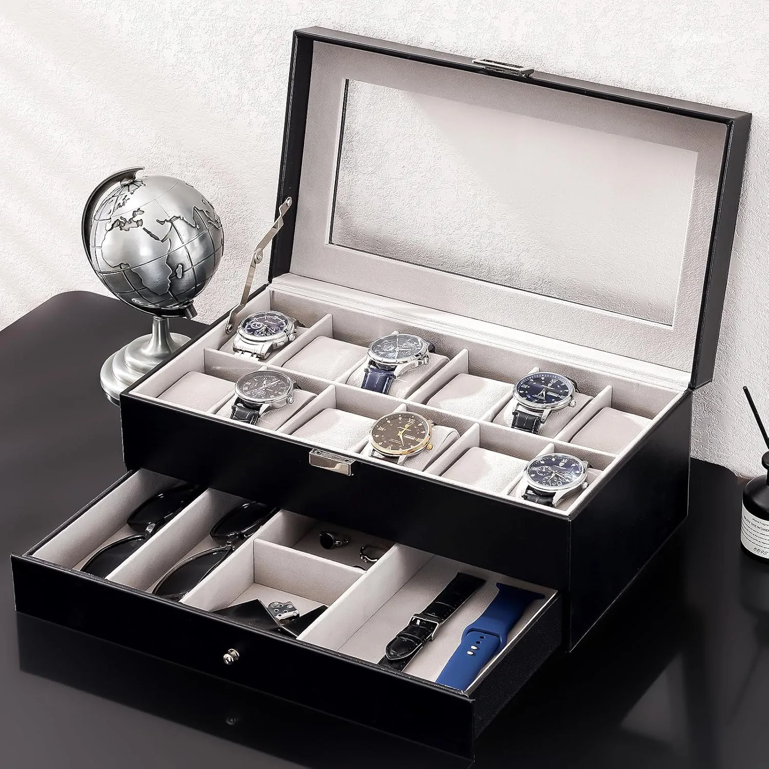 ProCase Watch Box for Men, 12 Slot Mens Watch Case With Drawer, Watch Display Case With Glass Lid, 2-Layer Watch Holder Organizer, Jewelry and Watch Storage for Men Women -12Slot, Black